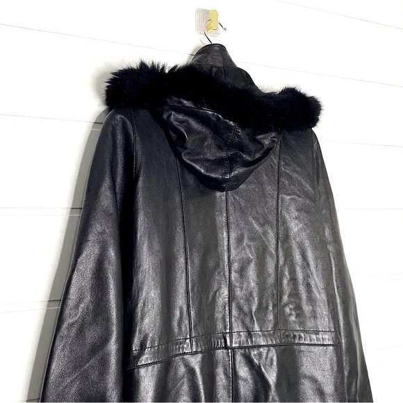 Vintage Genuine Lambskin Leather Black Parka w/ Fox Fur Trimmed Removable Hood - Picture 9 of 15